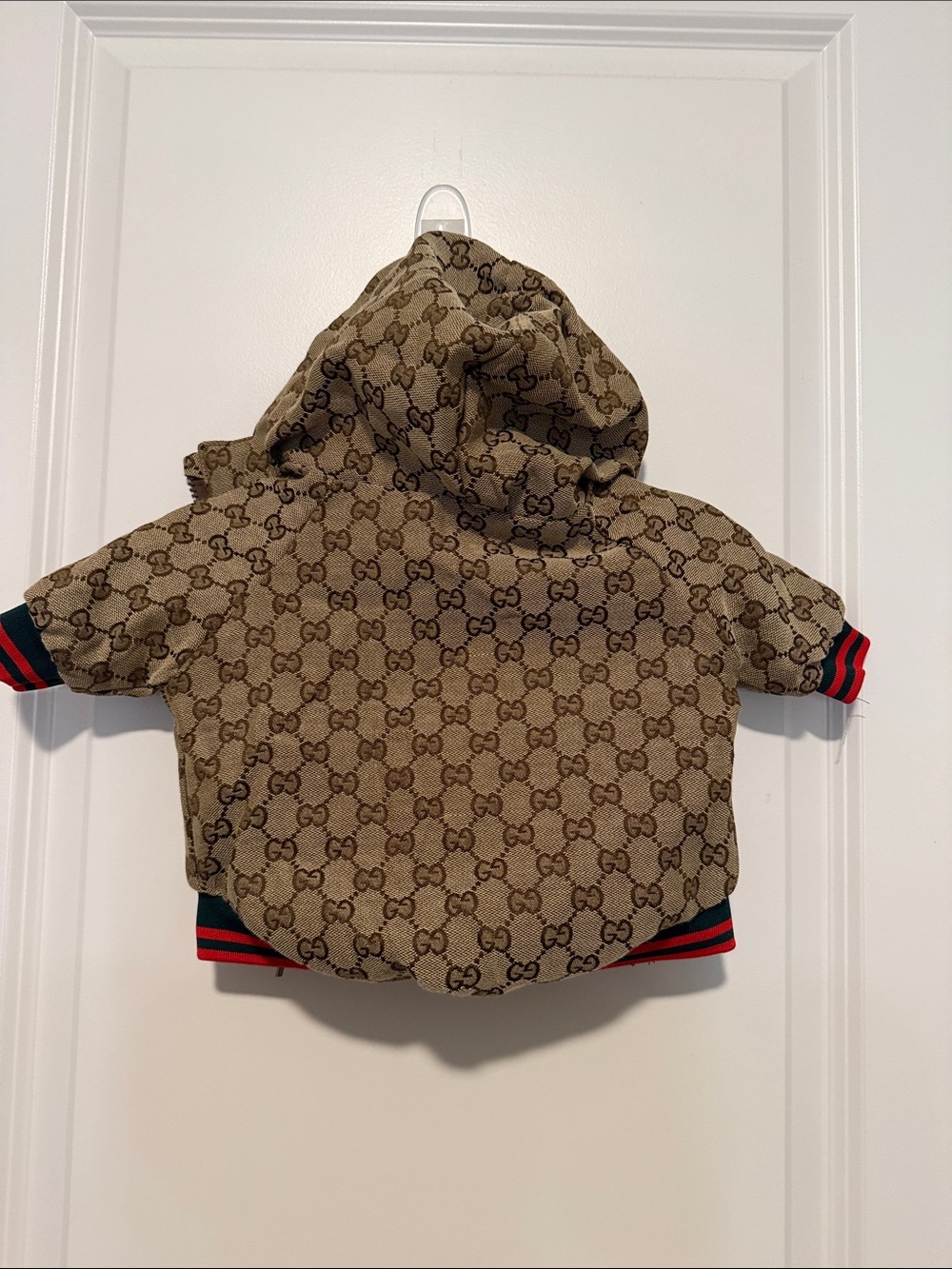 Gucci Beige Brown Monogram Dog Hoodie with Red and Green Trim